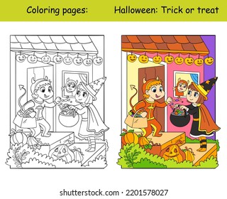 Children dressed as witch and devil exchange sweets. Trick or treat. Halloween concept. Kids coloring book page and color template. Vector cartoon illustration. For print, decor, education and game