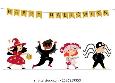 Children dressed as a witch, a fly agaric, a spider and a bat go asking for candy for Halloween. Vector cute illustration.