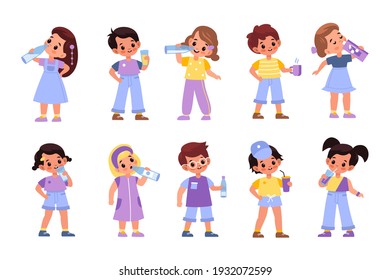 Children drink. Little boys and girls consume variety beverages, happy kids having juices, milk and tea, young people with cups, glasses and bottles collection. Vector cartoon flat style isolated set