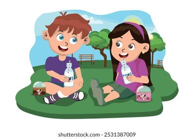 Crianças que bebem leite através de canudos, com expressões felizes em um parque. Ilustração vetorial.