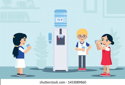 Children drinking water flat vector illustration. Kids standing near watercooler on break time cartoon characters. Thirsty, smiling pupils holding plastic cups with refreshment water