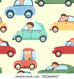 Children drive cars. Seamless cartoon pattern. Kids motorists. Close up,Childrens background illustration. Various automobiles. Toy vehicle, motor. Car and truck auto. Vector