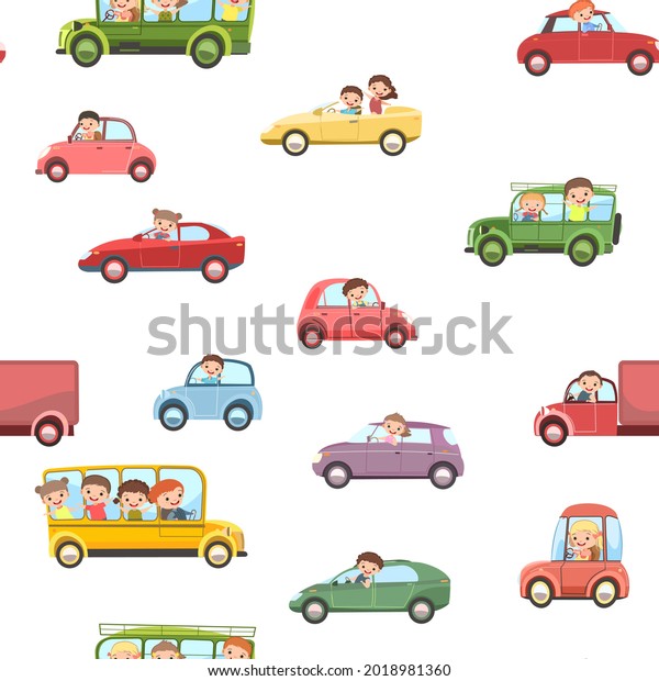 Children drive cars. Seamless cartoon\
pattern. Kids motorists. Childrens background isolated. Various\
automobiles. Toy vehicle, motor and truck auto.\
Vector