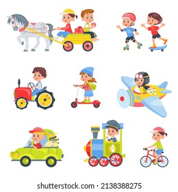 Children Drivers. Kids In Different Transport. Boys And Girls Driving Car Or Tractor. Horse Cart. Young People Riding Bike And Scooter. Persons On Plane And Train. Vector