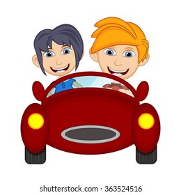 Children driving a car cartoon vector illustration