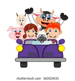 Children driving a car with cow, goat, sheep and pig cartoon vector illustration