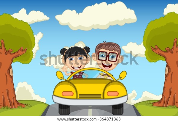 Children driving a car at the street cartoon\
vector illustration