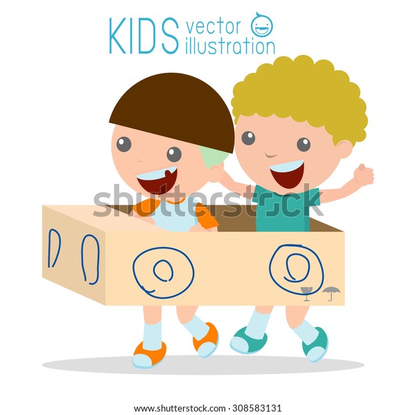 children driving\
cardboard car, Happy child ride on toy car made of cardboard ,\
Creative kids plays with his cardboard car on white background,\
Vector Illustration