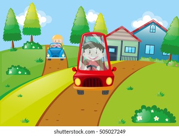 Children driving small cars on the road illustration