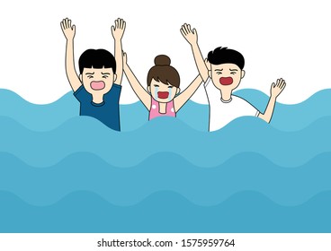 Children drowning in water, children can't swim. Children raising hand up for needing help