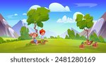 Children with duck on green hill and mountain view. Log on meadow and blue sky summer background. Kids walk in valley at sunny day scene. Travel paradise park outdoor environment for tourism design