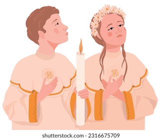 Children during the first communion. Vector illustration. A boy and a girl in white festive clothes pray to God. A ceremony in the Christian tradition, a member of the church receives the Eucharist.