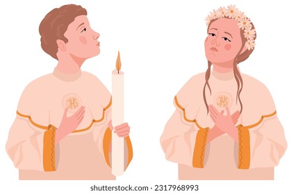 Children during the first communion. Vector illustration. A boy and a girl in white festive clothes pray to God. A ceremony in the Christian tradition, a member of the church receives the Eucharist.