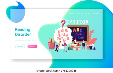 Children with Dyslexia Disorder Landing Page Template. Tiny Kids Characters Study Listen Teacher in Class front of Huge Blackboard with Stationery and Child Head. Cartoon People Vector Illustration