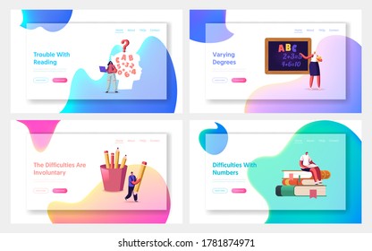 Children with Dyslexia Disorder Landing Page Template Set. Tiny Kids Characters Study Listen Teacher in Class front Huge Blackboard with Stationery and Child Head. Cartoon People Vector Illustration