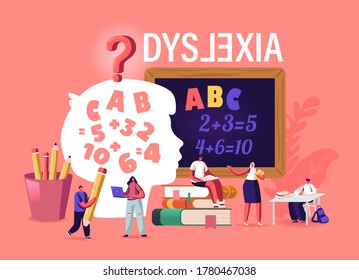 Children with Dyslexia Disorder Study in Special School. Tiny Kids Characters Listen Teacher in Class front of Huge Blackboard with Stationery around and Child Head. Cartoon People Vector Illustration