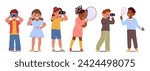 Children Eagerly Explore The World With Binoculars Or A Magnifying Glass, Discovering Hidden Wonders In Nature. Curiosity Sparks As They Observe And Marvel At Details Around Them. Vector Illustration