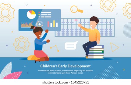 Children Early Development School or Courses Trendy Flat Vector Advertising Banner, Promo Poster Template with Preschooler African-American Girl and Caucasian Boy Learning in Classroom Illustration