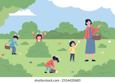 Children easter egg hunt. Flat kids in park or garden looking around, hunting eggs and put in basket. Seasonal spring festival activity, recent vector scene