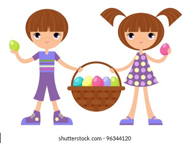 Children with easter eggs / The boy and the girl hold easter  basket  in their hands. Isolated on white background.  The different graphics are all on separate layers.