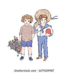  Frohe Ostern! Kleine Jungen halten Blumenstrauß, Ei. Herzlichen Glückwunsch zu den religiösen Frühlingsferien. Vintage-Kinder. Fröhliche Kindheit. 