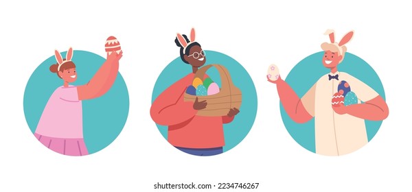 Niños Juego de Caza de Vacaciones de Pascua, Diversión, Iconos redondos aislados de diversión o avatares. Niñas y niños usan orejas de conejo con huevos pintados. Celebración del evento festivo de primavera. Ilustración del vector de dibujos animados