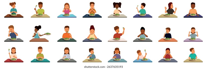Children eat broccoli icons set. Diverse group of children eating broccoli, exhibiting various reactions and emotions to the taste