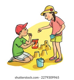 Children eat with dirty hands. Children on the beach. The boy treats the girl with chips. Hand drawn color illustration. Vector.