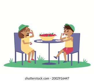 Children eat ripe cherries at a table outside. In summer, children wear caps outside. Isolated boy and girl eating sweet cherries. Flat vector illustration.