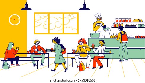 Children Eat In School Cafe. Cafeteria Interior With Tables And Chairs, Kids With Food Trays And Staff Character At Canteen Counter Bar Giving Meals To Schoolers. Linear People Vector Illustration