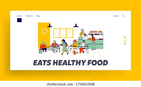 Children Eat In School Cafe Landing Page Template. Cafeteria With Tables And Chairs, Kids With Food Trays And Staff Character At Canteen Counter Bar Giving Meals. Linear People Vector Illustration