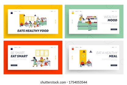 Children Eat In School Cafe Landing Page Template Set. Kids With Food Trays And Staff Character At Canteen Counter Giving Meals In Cafeteria With Tables And Chairs. Linear People Vector Illustration