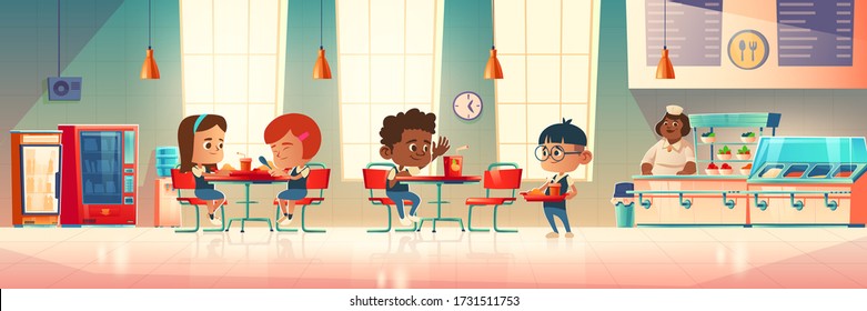 Children eat in school canteen. Vector cartoon illustration of cafeteria interior with tables, chairs, vending machine, water cooler, kids with food trays and staff at counter bar