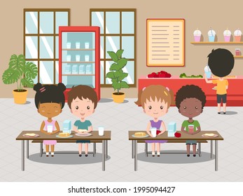 Children Eat In School Canteen. Vector Cartoon Illustration Of Cafeteria Interior With Tables, Chairs. Cartoon Kids Eating Breakfast At School Clip Art.