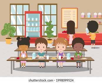 Many kids eating in the canteen 455425 Vector Art at Vecteezy