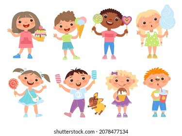 Children eat sweets. Cute funny kids hold different sugar foods, candies, ice cream and cotton candy, happy girls and boys with lollipops and cakes standing, vector