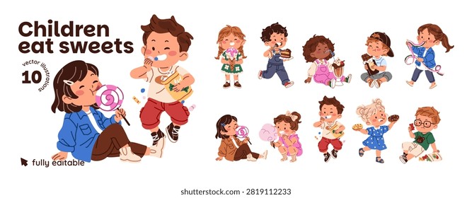 Children eat sweets set. Happy kids with candies, cakes, lollipop,and gummies. Cute little boys and girls with confectioneries, pastries have sweet teeth. Flat isolated vector illustrations on white