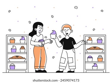 Children eat sweets simple. Boy and girl with candy and pastry products. Homemade bakery. Friends with dessert and delicacy. Doodle flat vector illustration isolated on white background
