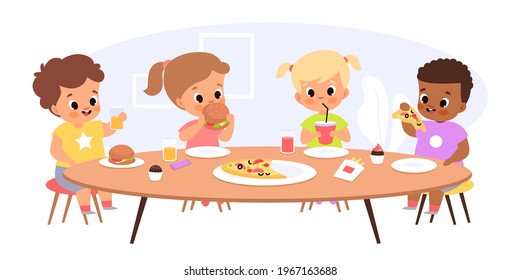 Children eat together. Happy kids sitting common table, junior students have lunch, young friends take fast food and snacks. Hungry boys and girls with hamburgers vector cartoon concept