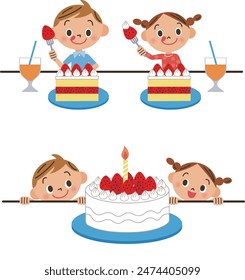 Children eating a big cake