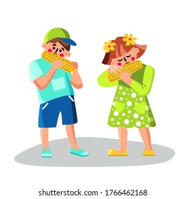 Children Eating Boiled Corn Vegetable Food Vector. Happy Bay And Girl Eat Sweet Corn On Cob, Maize Healthy Diet Vegetarian Nutrition. Characters Tasty Snack Lunch Flat Cartoon Illustration