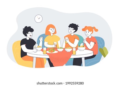 Los niños desayunan, almuerzan o cenas en mesa juntos. Amigos compartiendo la comida en el comedor ilustración vectorial plana. Restaurante, café, concepto de comida para banner, diseño de sitio web o página de inicio