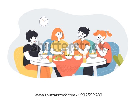 Children eating breakfast, lunch or dinner at table together. Friends sharing meal in dining room flat vector illustration. Restaurant, cafe, food concept for banner, website design or landing page