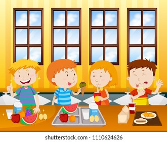 Children eating in a cafeteria illustration