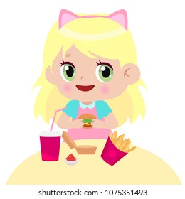 Children eating at the dinner table. Delicious fast food.