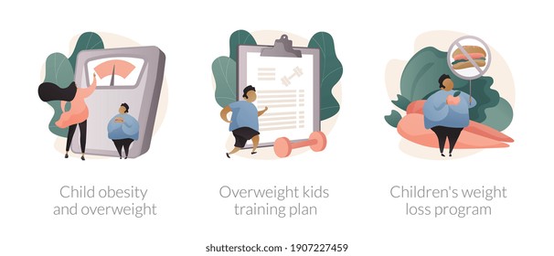 Children Eating Disorder Abstract Concept Vector Illustration Set. Child Obesity And Overweight, Overweight Kids Training Plan, Childrens Weight Loss Program, Unhealthy Lifestyle Abstract Metaphor.