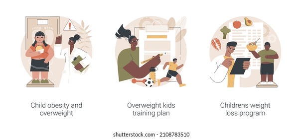 Children Eating Disorder Abstract Concept Vector Illustration Set. Child Obesity And Overweight, Overweight Kids Training Plan, Childrens Weight Loss Program, Unhealthy Lifestyle Abstract Metaphor.