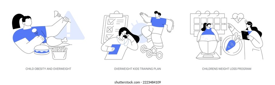 Children eating disorder abstract concept vector illustration set. Child obesity and overweight, overweight kids training plan, childrens weight loss program, unhealthy lifestyle abstract metaphor.