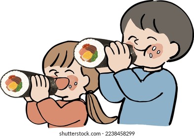 Children eating "Ehomaki" to pray for good luck during the traditional Japanese event "Setsubun"
