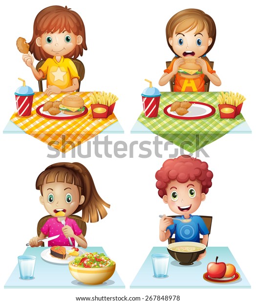 Children Eating Food On Dining Table Stock Vector (Royalty Free) 267848978